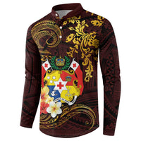 Tonga Ngatu and Hibiscus with Polynesian Tattoo Button Sweatshirt Gold and Oxblood Color LT03 - Polynesian Pride