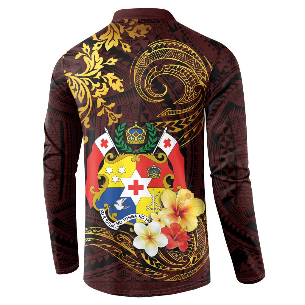 Tonga Ngatu and Hibiscus with Polynesian Tattoo Button Sweatshirt Gold and Oxblood Color LT03 - Polynesian Pride