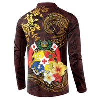 Tonga Ngatu and Hibiscus with Polynesian Tattoo Button Sweatshirt Gold and Oxblood Color LT03 - Polynesian Pride
