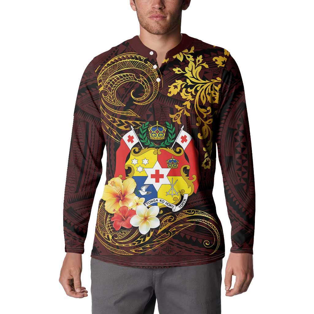 Tonga Ngatu and Hibiscus with Polynesian Tattoo Button Sweatshirt Gold and Oxblood Color LT03 - Polynesian Pride