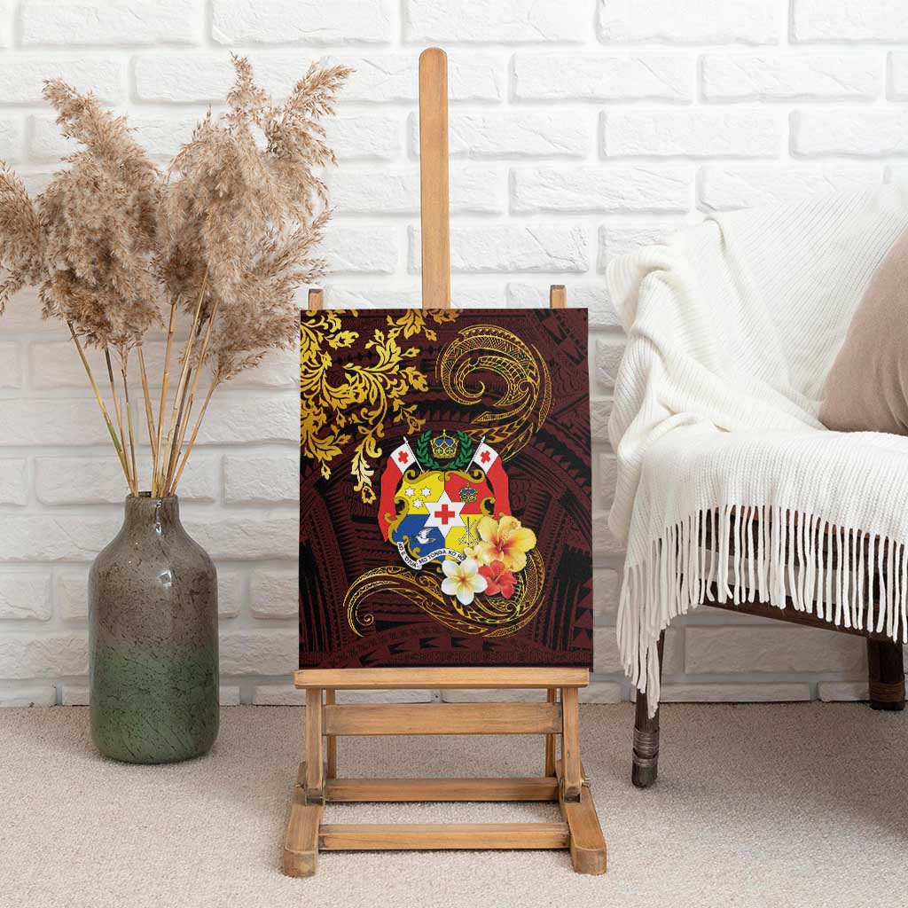Tonga Ngatu and Hibiscus with Polynesian Tattoo Canvas Wall Art Gold and Oxblood Color LT03 - Polynesian Pride