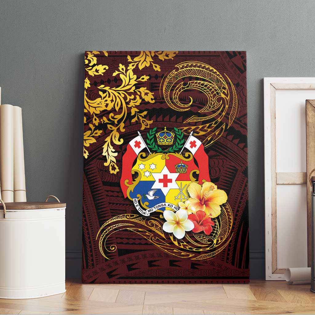 Tonga Ngatu and Hibiscus with Polynesian Tattoo Canvas Wall Art Gold and Oxblood Color LT03 - Polynesian Pride