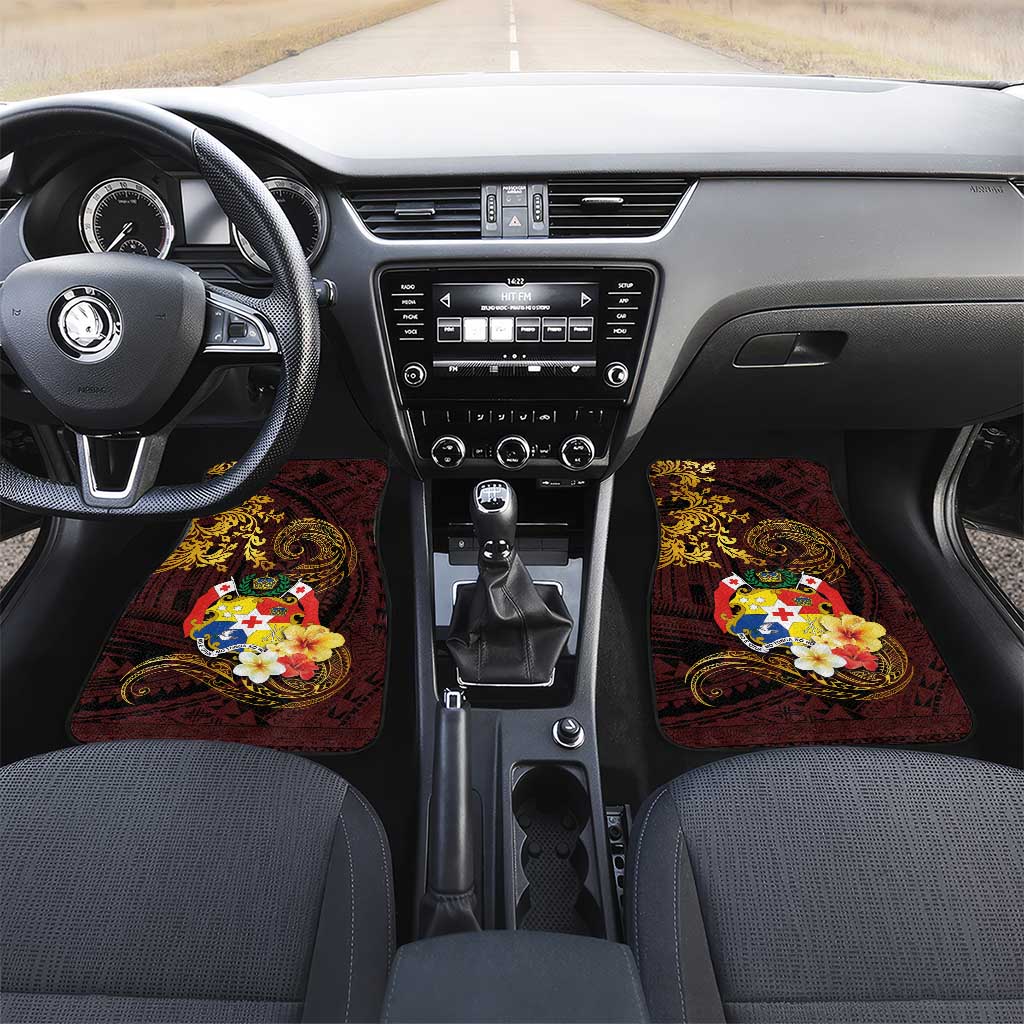 Tonga Ngatu and Hibiscus with Polynesian Tattoo Car Mats Gold and Oxblood Color LT03 Set 2pcs - Front Oxblood - Polynesian Pride