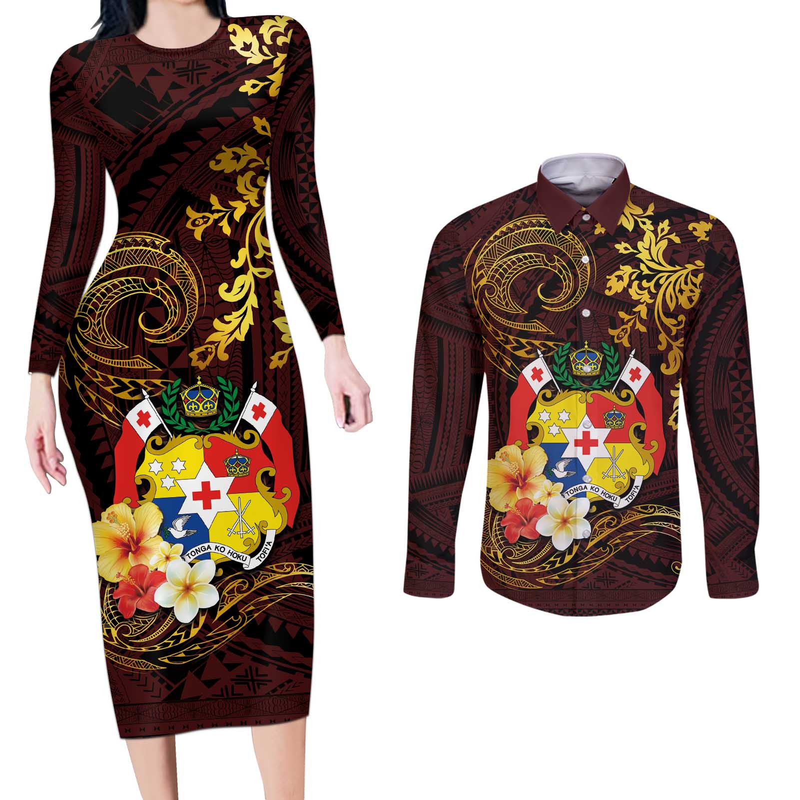 Tonga Ngatu and Hibiscus with Polynesian Tattoo Couples Matching Long Sleeve Bodycon Dress and Long Sleeve Button Shirt Gold and Oxblood Color