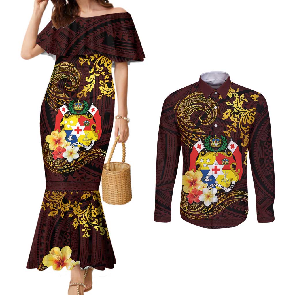 Tonga Ngatu and Hibiscus with Polynesian Tattoo Couples Matching Mermaid Dress and Long Sleeve Button Shirt Gold and Oxblood Color LT03 Oxblood - Polynesian Pride