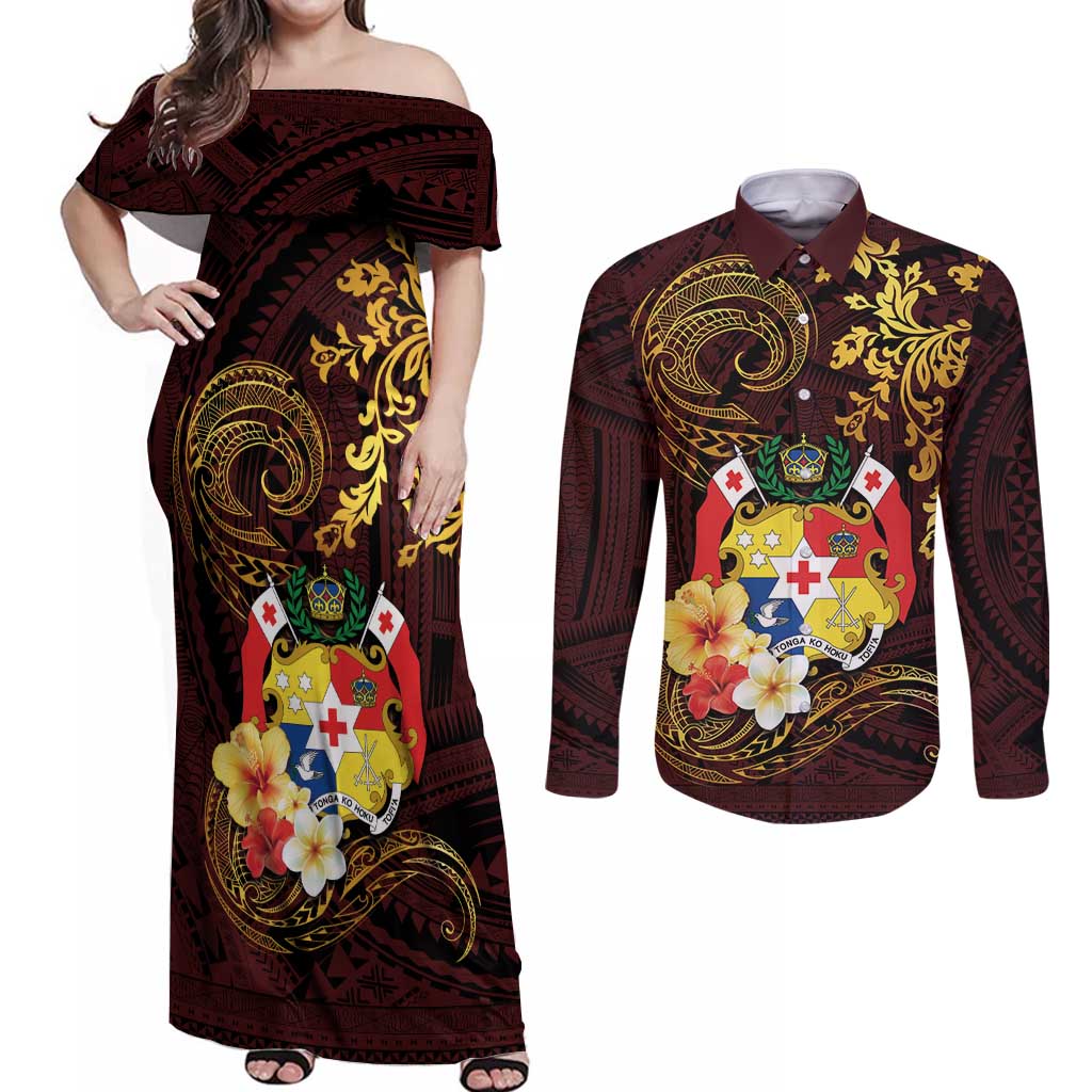 Tonga Ngatu and Hibiscus with Polynesian Tattoo Couples Matching Off Shoulder Maxi Dress and Long Sleeve Button Shirt Gold and Oxblood Color