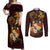 Tonga Ngatu and Hibiscus with Polynesian Tattoo Couples Matching Off Shoulder Maxi Dress and Long Sleeve Button Shirt Gold and Oxblood Color