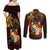 Tonga Ngatu and Hibiscus with Polynesian Tattoo Couples Matching Off Shoulder Maxi Dress and Long Sleeve Button Shirt Gold and Oxblood Color