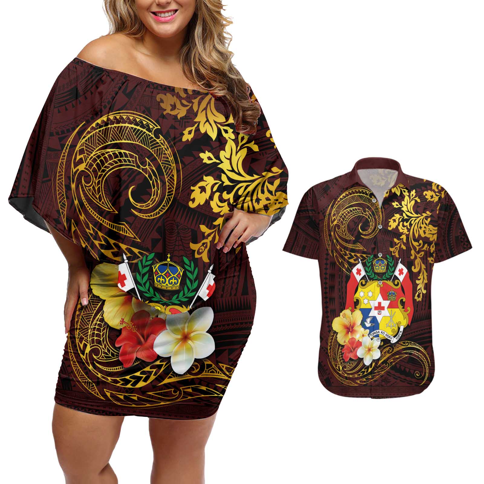 Tonga Ngatu and Hibiscus with Polynesian Tattoo Couples Matching Off Shoulder Short Dress and Hawaiian Shirt Gold and Oxblood Color