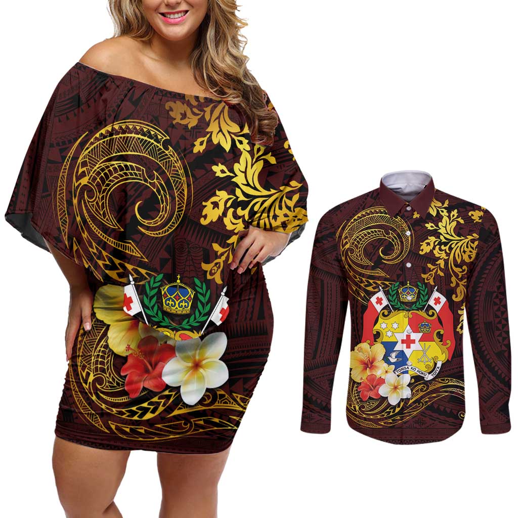 Tonga Ngatu and Hibiscus with Polynesian Tattoo Couples Matching Off Shoulder Short Dress and Long Sleeve Button Shirt Gold and Oxblood Color