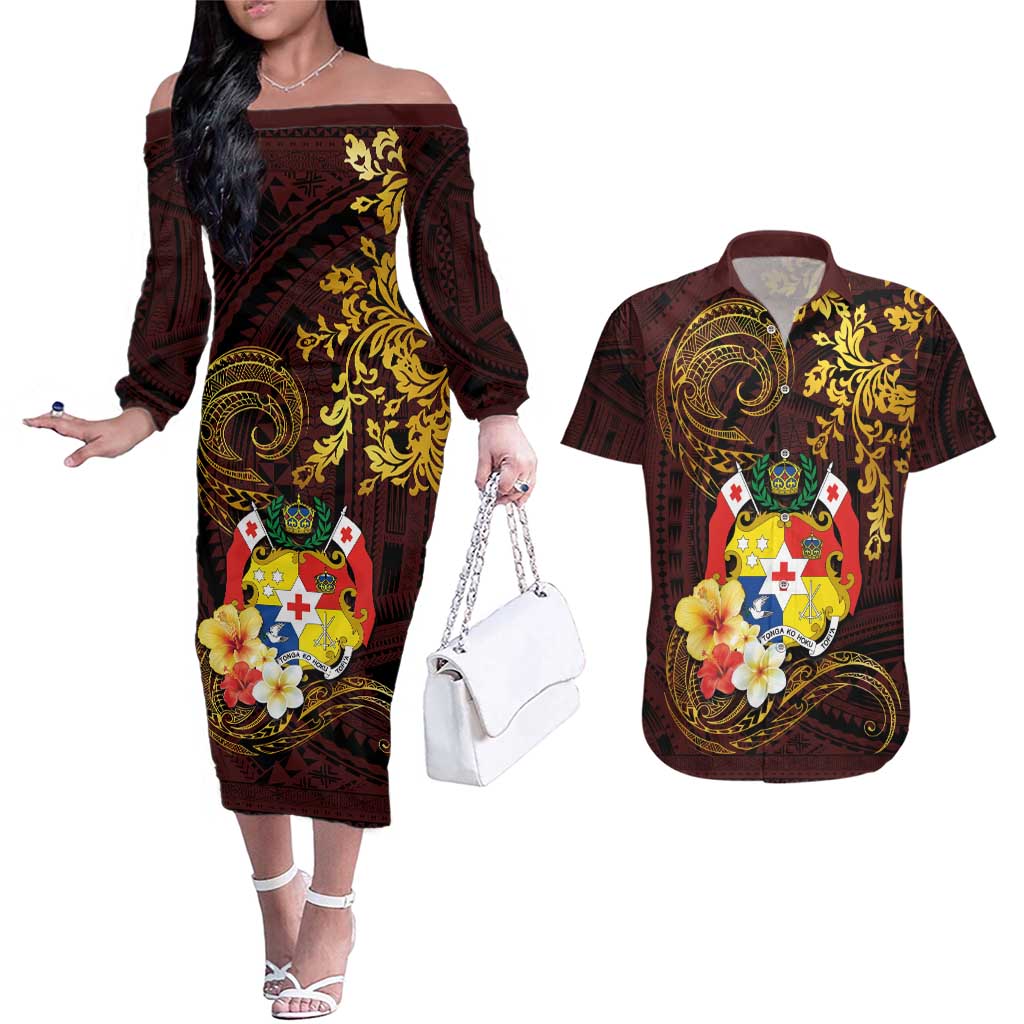 Tonga Ngatu and Hibiscus with Polynesian Tattoo Couples Matching Off The Shoulder Long Sleeve Dress and Hawaiian Shirt Gold and Oxblood Color