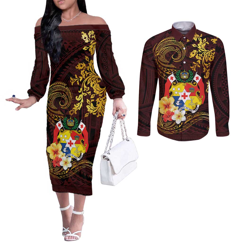 Tonga Ngatu and Hibiscus with Polynesian Tattoo Couples Matching Off The Shoulder Long Sleeve Dress and Long Sleeve Button Shirt Gold and Oxblood Color