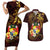 Tonga Ngatu and Hibiscus with Polynesian Tattoo Couples Matching Short Sleeve Bodycon Dress and Hawaiian Shirt Gold and Oxblood Color