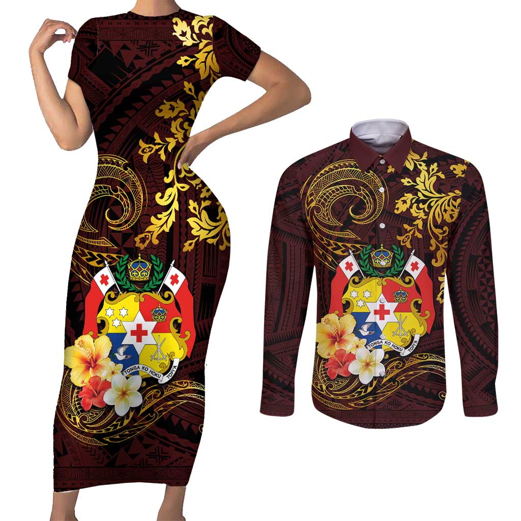 Tonga Ngatu and Hibiscus with Polynesian Tattoo Couples Matching Short Sleeve Bodycon Dress and Long Sleeve Button Shirt Gold and Oxblood Color