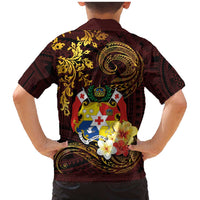 Tonga Ngatu and Hibiscus with Polynesian Tattoo Family Matching Mermaid Dress and Hawaiian Shirt Gold and Oxblood Color