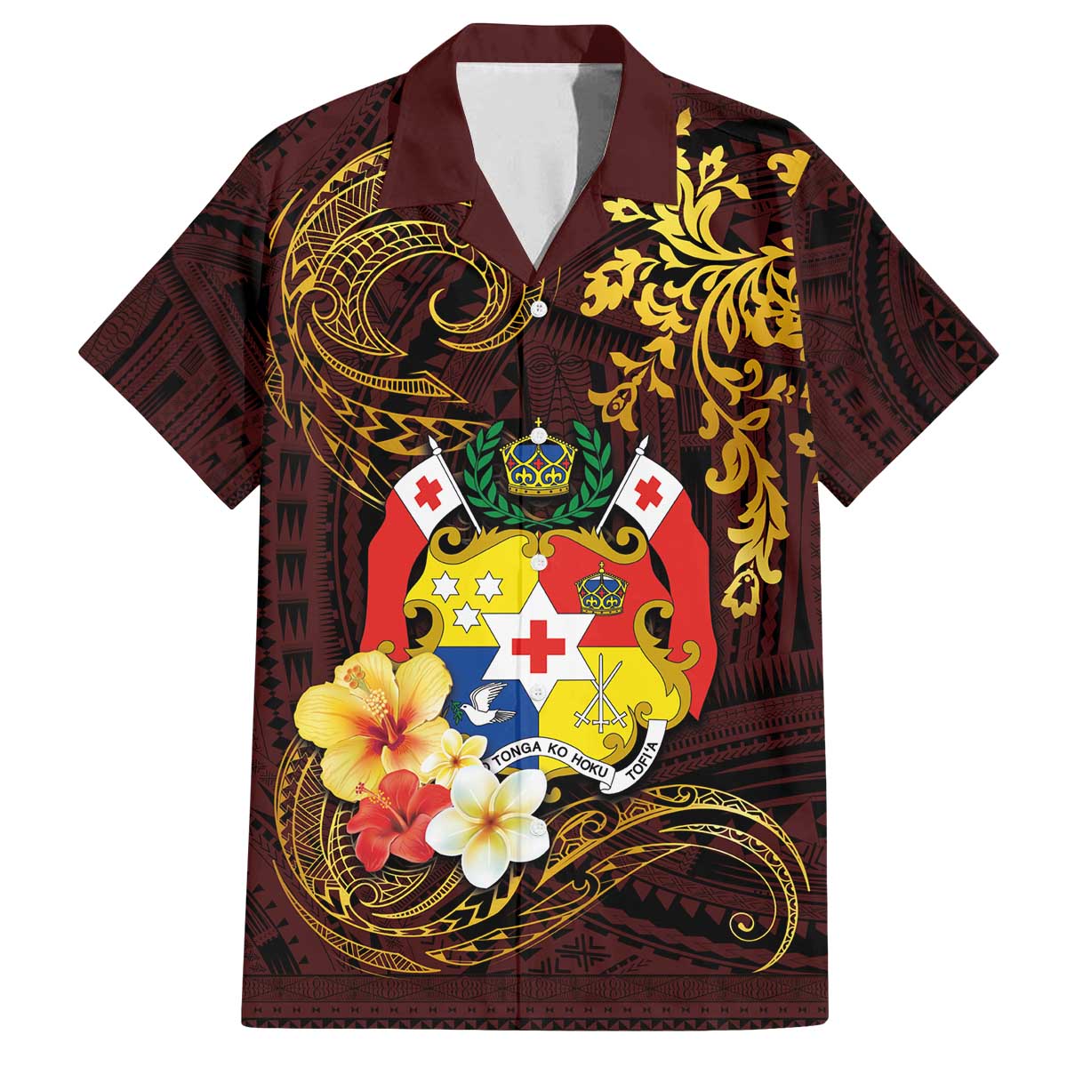 Tonga Ngatu and Hibiscus with Polynesian Tattoo Family Matching Off The Shoulder Long Sleeve Dress and Hawaiian Shirt Gold and Oxblood Color
