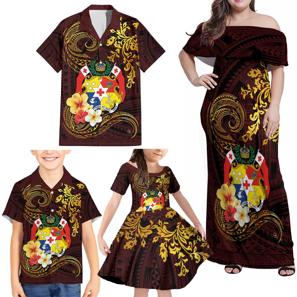 Tonga Ngatu and Hibiscus with Polynesian Tattoo Family Matching Off Shoulder Maxi Dress and Hawaiian Shirt Gold and Oxblood Color