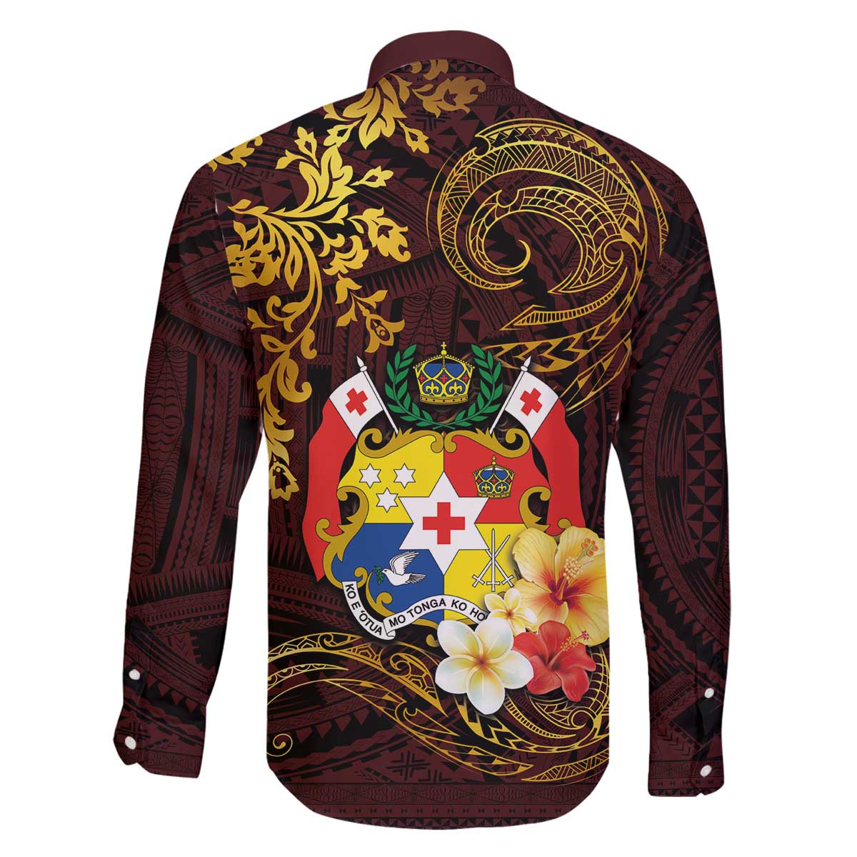 Tonga Ngatu and Hibiscus with Polynesian Tattoo Family Matching Off Shoulder Short Dress and Hawaiian Shirt Gold and Oxblood Color