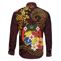 Tonga Ngatu and Hibiscus with Polynesian Tattoo Family Matching Puletasi and Hawaiian Shirt Gold and Oxblood Color