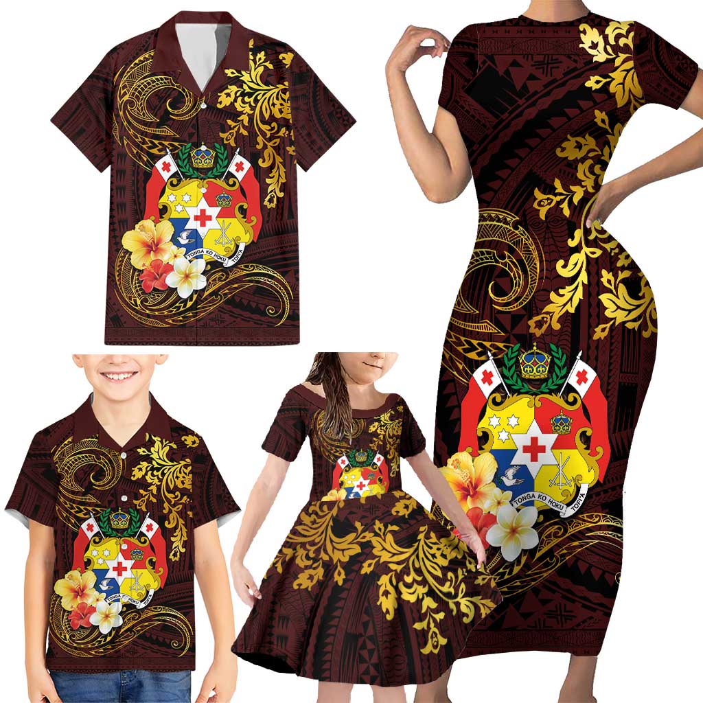 Tonga Ngatu and Hibiscus with Polynesian Tattoo Family Matching Short Sleeve Bodycon Dress and Hawaiian Shirt Gold and Oxblood Color