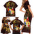 Tonga Ngatu and Hibiscus with Polynesian Tattoo Family Matching Short Sleeve Bodycon Dress and Hawaiian Shirt Gold and Oxblood Color