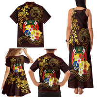 Tonga Ngatu and Hibiscus with Polynesian Tattoo Family Matching Tank Maxi Dress and Hawaiian Shirt Gold and Oxblood Color