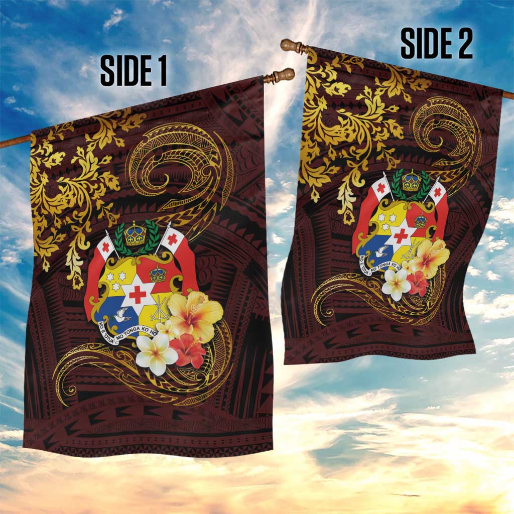 Tonga Ngatu and Hibiscus with Polynesian Tattoo Garden Flag Gold and Oxblood Color LT03 - Polynesian Pride