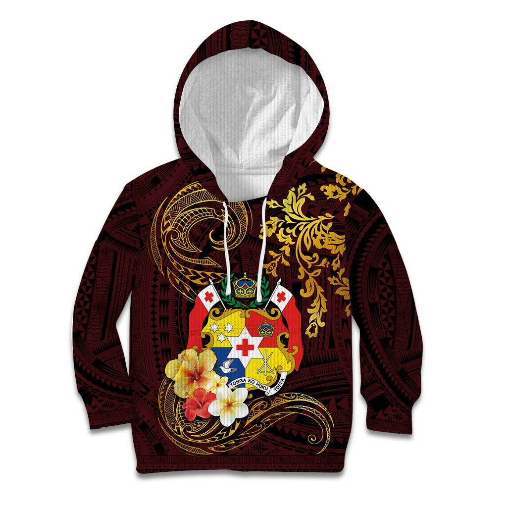 Tonga Ngatu and Hibiscus with Polynesian Tattoo Kid Hoodie Gold and Oxblood Color