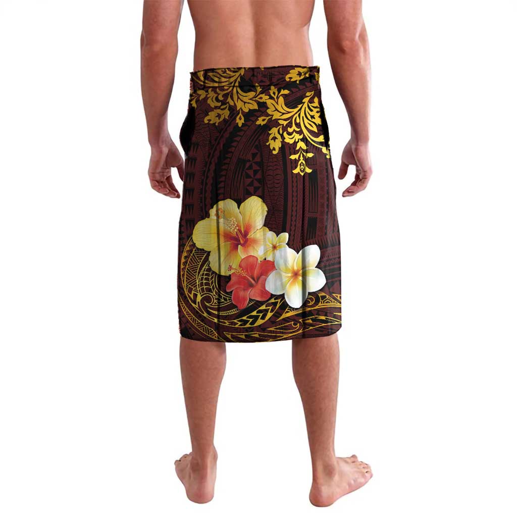 Tonga Ngatu and Hibiscus with Polynesian Tattoo Lavalava Gold and Oxblood Color LT03 - Polynesian Pride