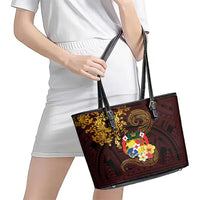 Tonga Ngatu and Hibiscus with Polynesian Tattoo Leather Tote Bag Gold and Oxblood Color LT03 - Polynesian Pride