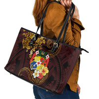 Tonga Ngatu and Hibiscus with Polynesian Tattoo Leather Tote Bag Gold and Oxblood Color LT03 - Polynesian Pride
