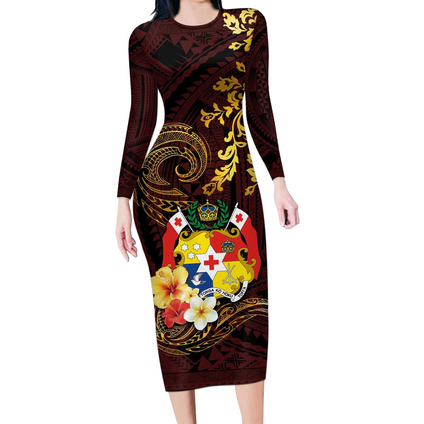 Tonga Ngatu and Hibiscus with Polynesian Tattoo Long Sleeve Bodycon Dress Gold and Oxblood Color