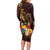 Tonga Ngatu and Hibiscus with Polynesian Tattoo Long Sleeve Bodycon Dress Gold and Oxblood Color