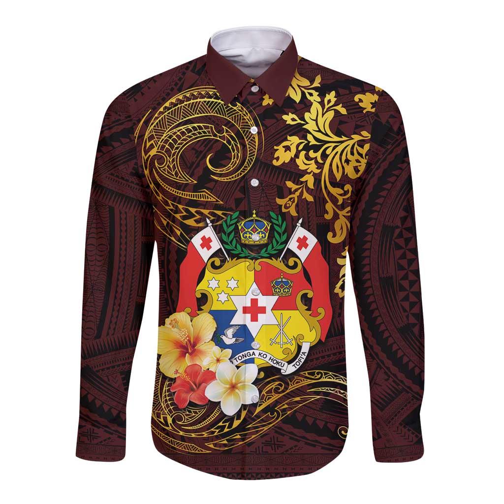 Tonga Ngatu and Hibiscus with Polynesian Tattoo Long Sleeve Button Shirt Gold and Oxblood Color