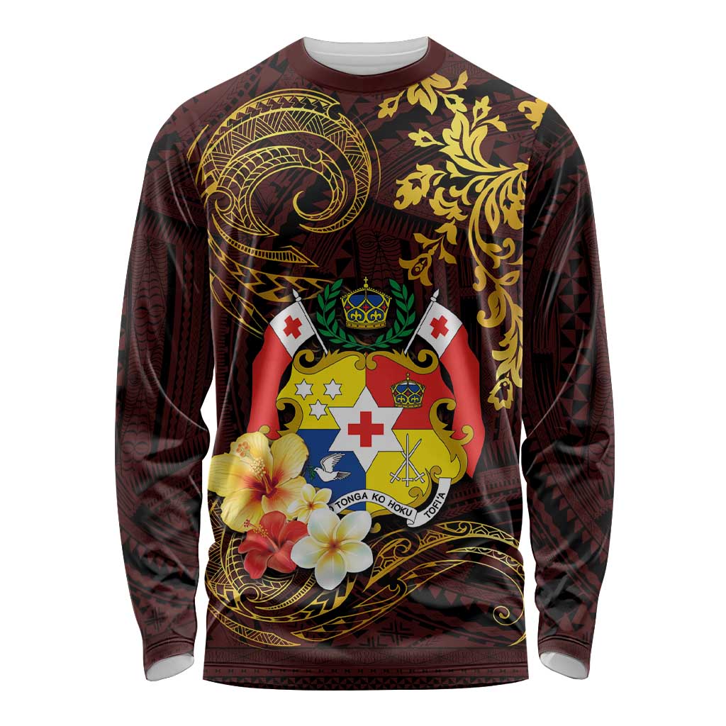 Tonga Ngatu and Hibiscus with Polynesian Tattoo Long Sleeve Shirt Gold and Oxblood Color