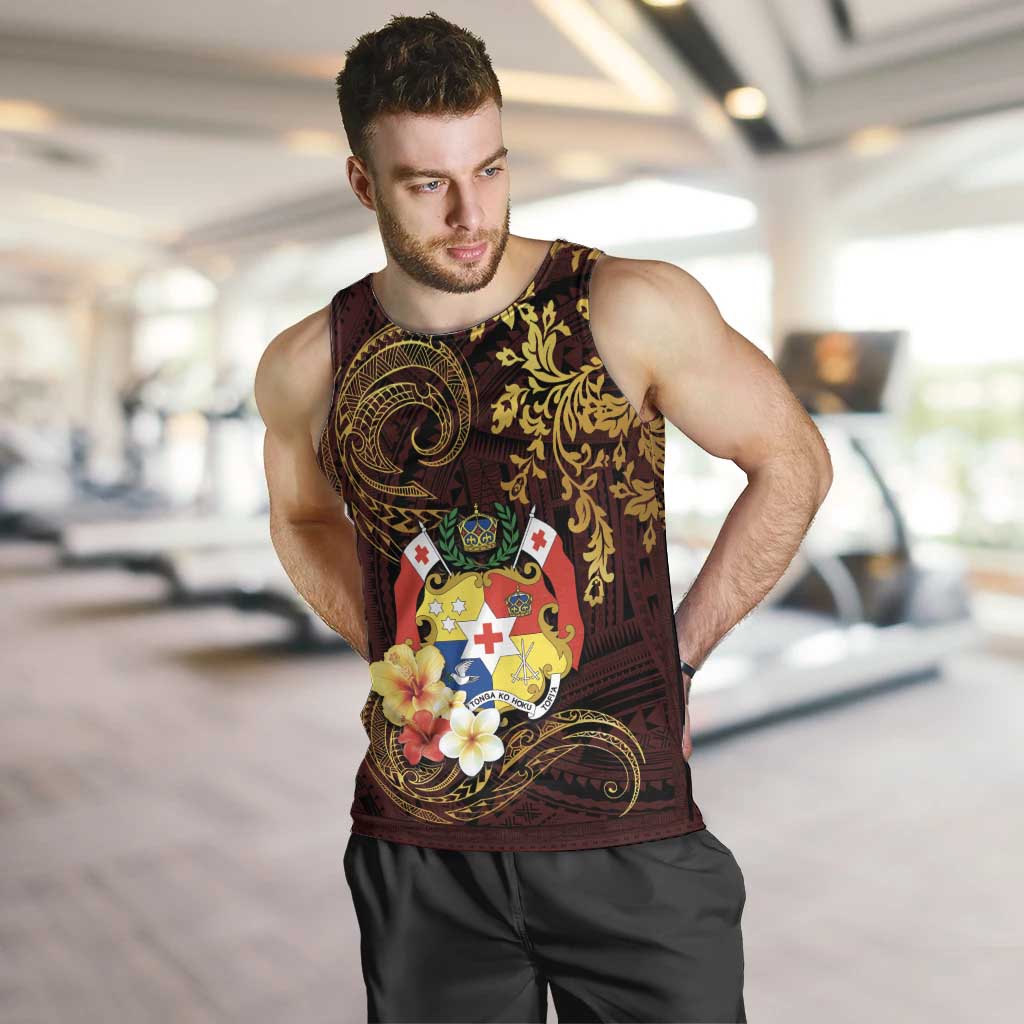 Tonga Ngatu and Hibiscus with Polynesian Tattoo Men Tank Top Gold and Oxblood Color LT03 Oxblood - Polynesian Pride