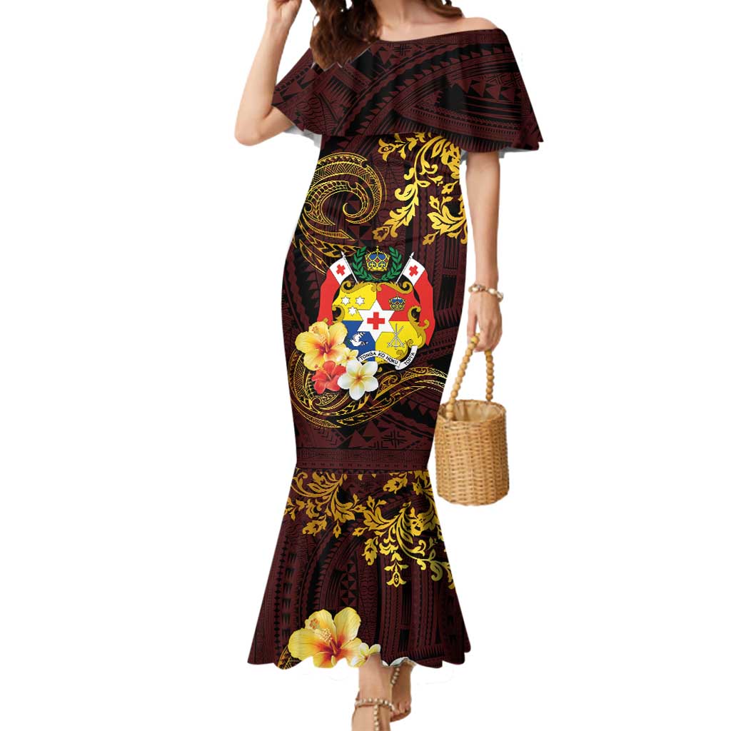 Tonga Ngatu and Hibiscus with Polynesian Tattoo Mermaid Dress Gold and Oxblood Color