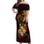 Tonga Ngatu and Hibiscus with Polynesian Tattoo Off Shoulder Maxi Dress Gold and Oxblood Color