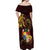 Tonga Ngatu and Hibiscus with Polynesian Tattoo Off Shoulder Maxi Dress Gold and Oxblood Color