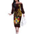 Tonga Ngatu and Hibiscus with Polynesian Tattoo Off The Shoulder Long Sleeve Dress Gold and Oxblood Color