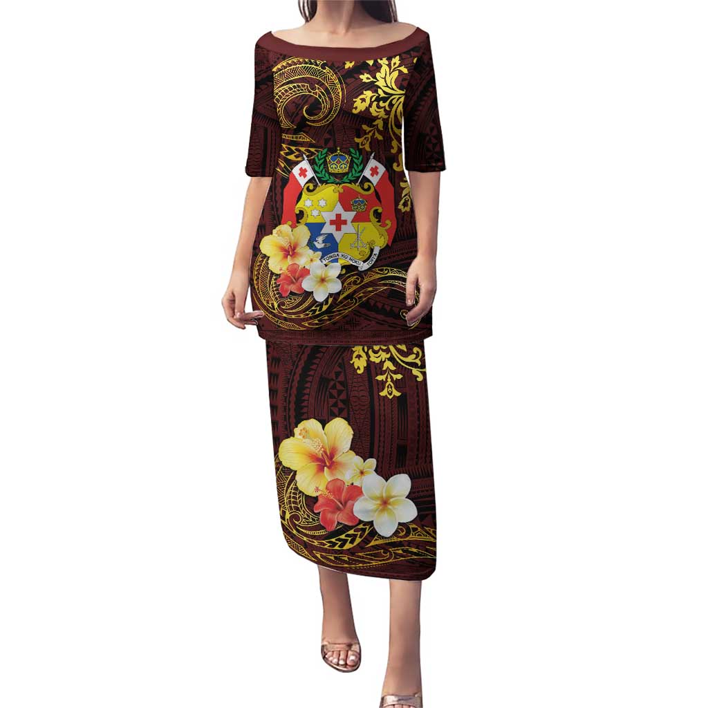 Tonga Ngatu and Hibiscus with Polynesian Tattoo Puletasi Gold and Oxblood Color LT03 Long Dress Oxblood - Polynesian Pride