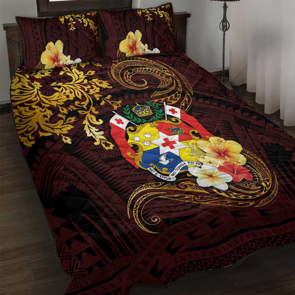 Tonga Ngatu and Hibiscus with Polynesian Tattoo Quilt Bed Set Gold and Oxblood Color