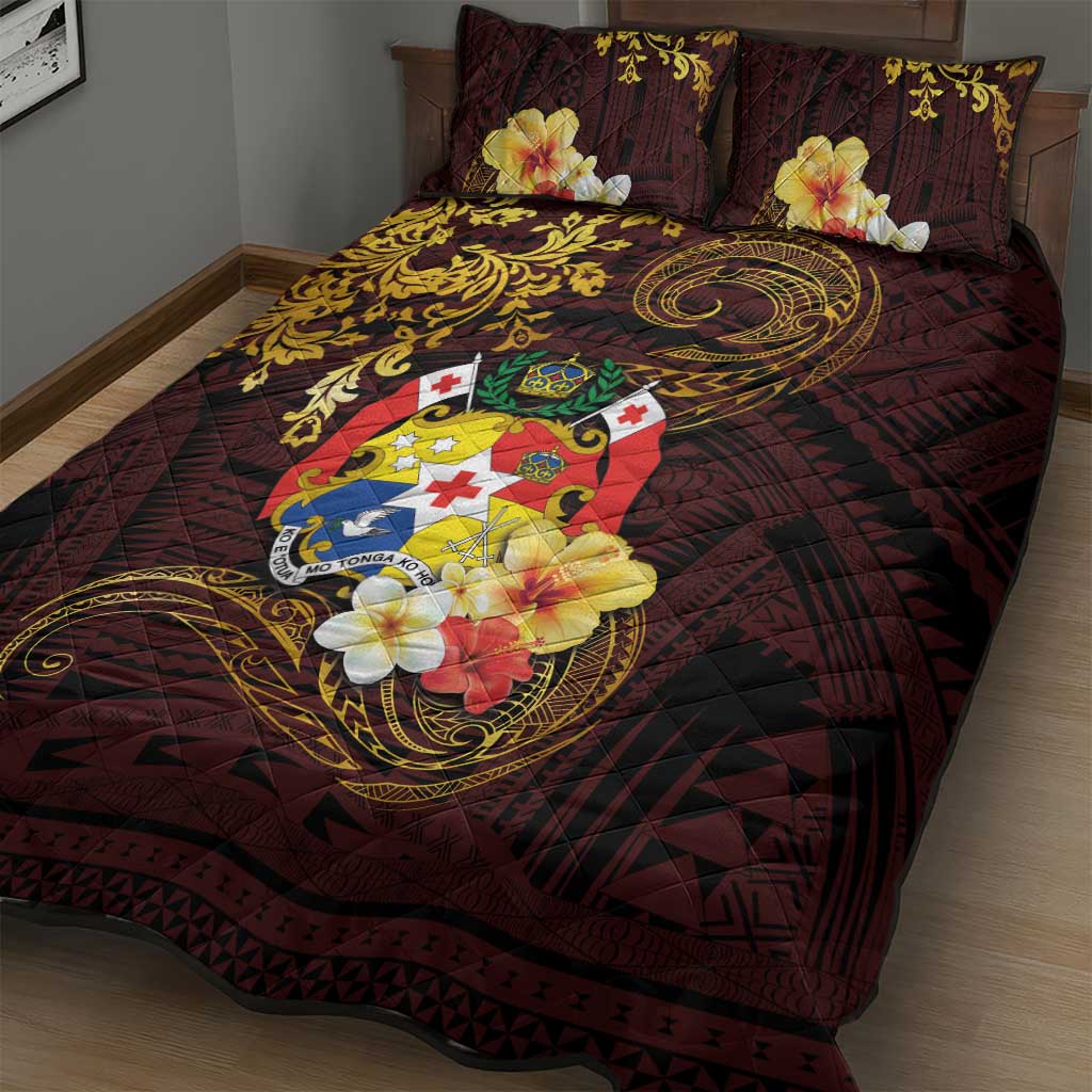 Tonga Ngatu and Hibiscus with Polynesian Tattoo Quilt Bed Set Gold and Oxblood Color
