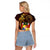 Tonga Ngatu and Hibiscus with Polynesian Tattoo Raglan Cropped T Shirt Gold and Oxblood Color