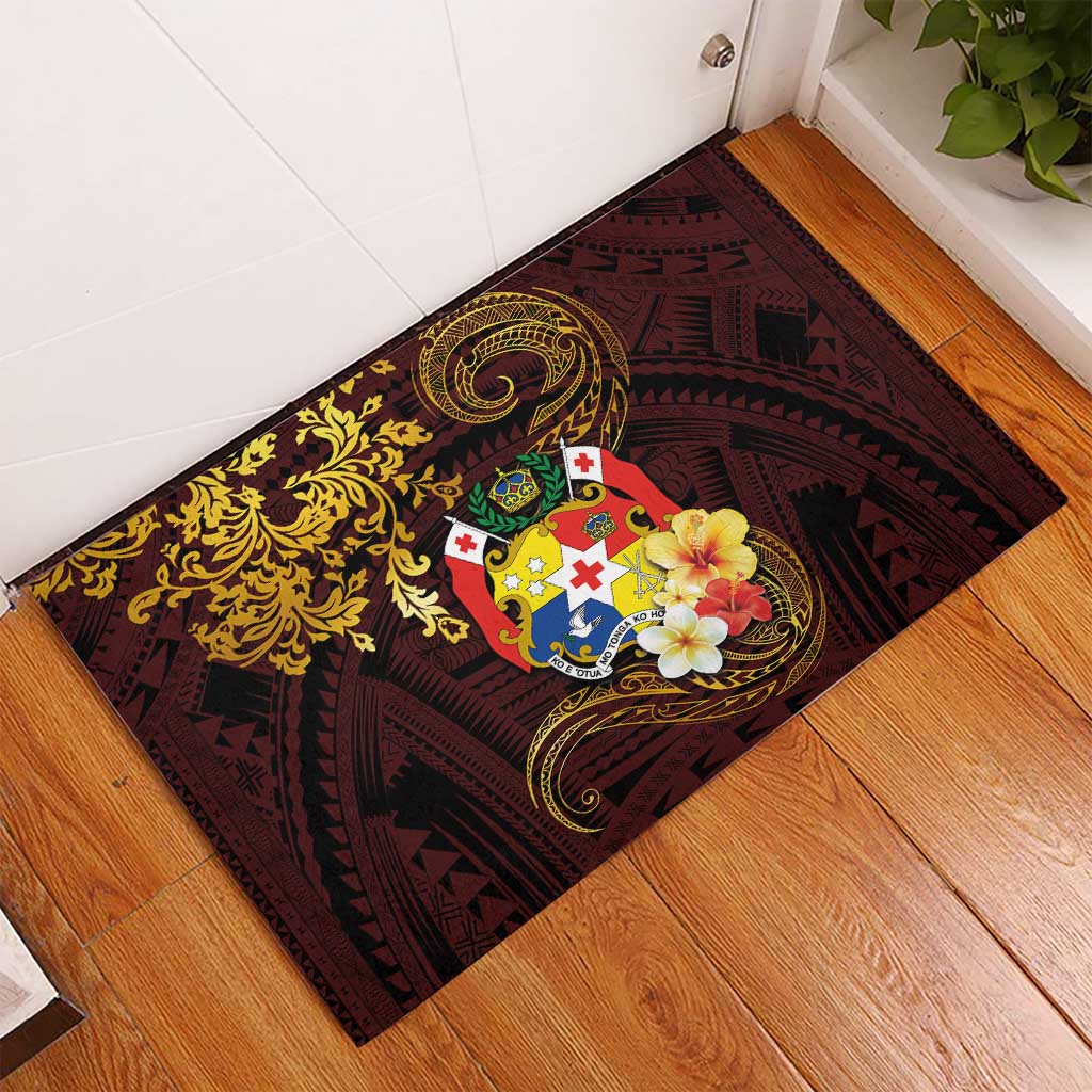 Tonga Ngatu and Hibiscus with Polynesian Tattoo Rubber Doormat Gold and Oxblood Color LT03 - Polynesian Pride