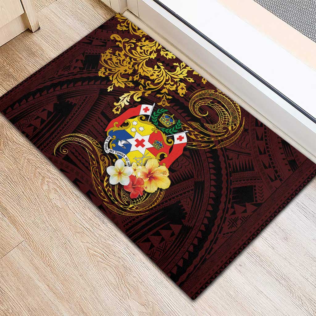 Tonga Ngatu and Hibiscus with Polynesian Tattoo Rubber Doormat Gold and Oxblood Color LT03 - Polynesian Pride