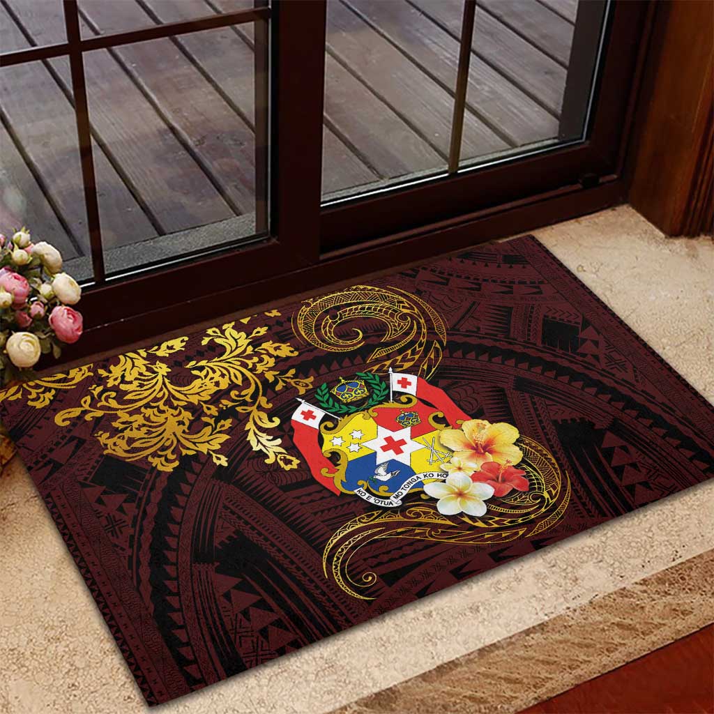 Tonga Ngatu and Hibiscus with Polynesian Tattoo Rubber Doormat Gold and Oxblood Color LT03 - Polynesian Pride