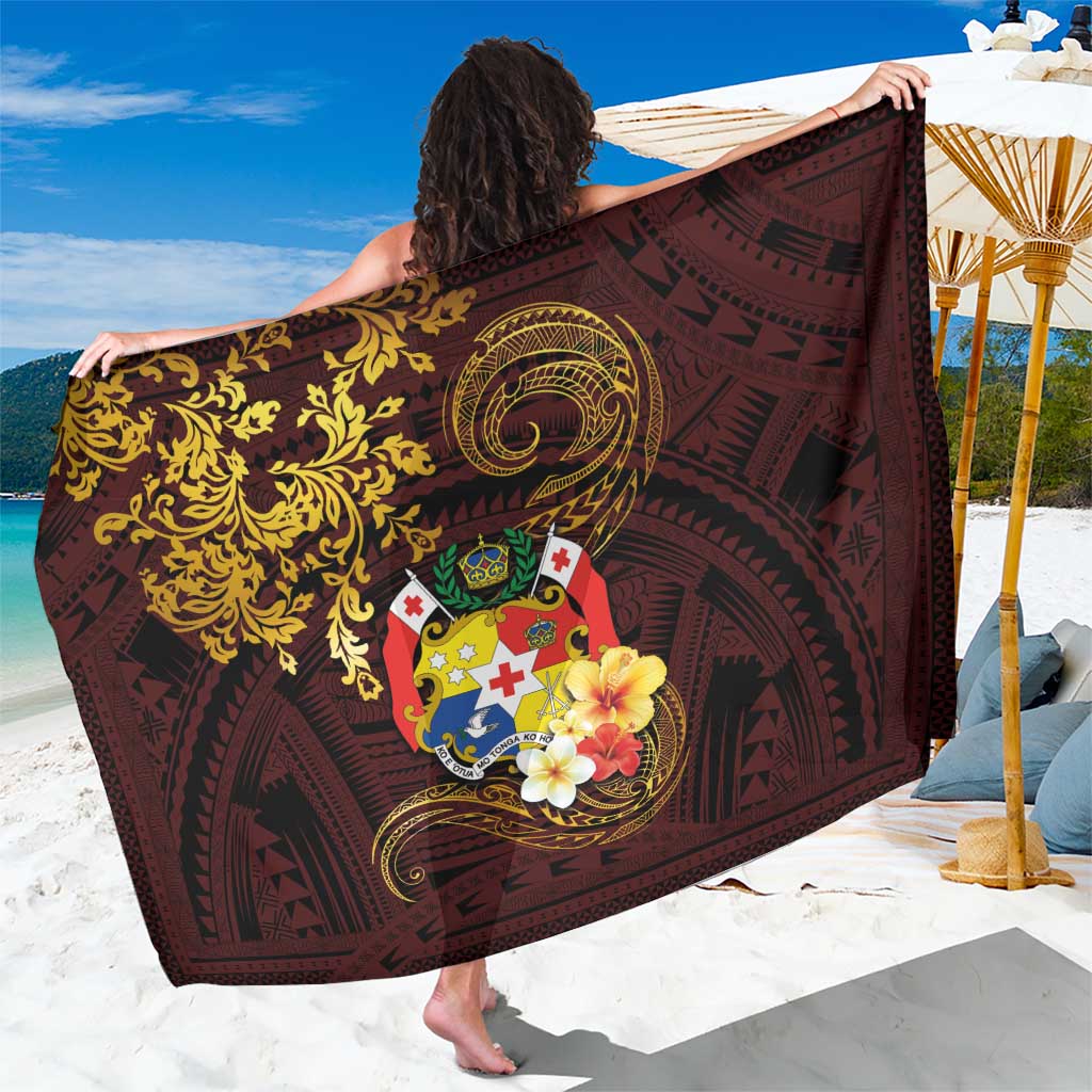 Tonga Ngatu and Hibiscus with Polynesian Tattoo Sarong Gold and Oxblood Color