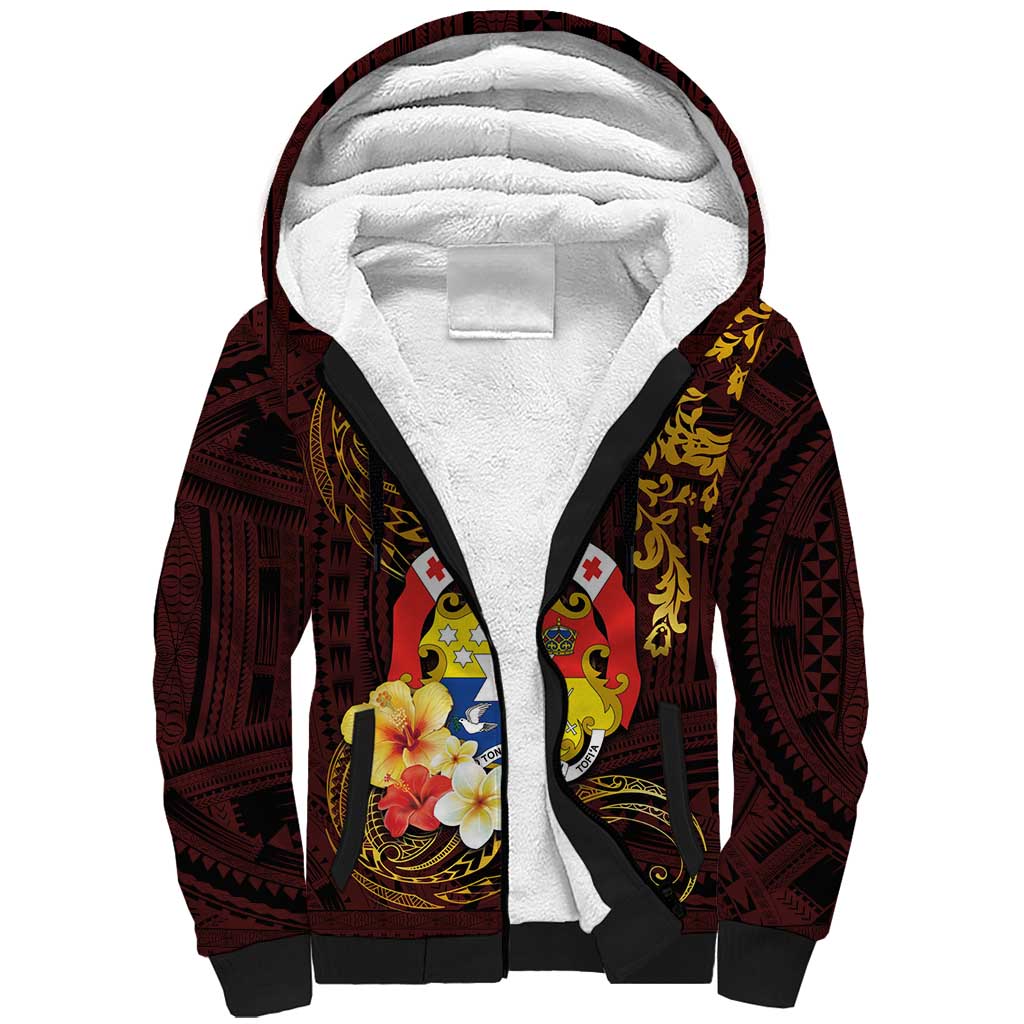 Tonga Ngatu and Hibiscus with Polynesian Tattoo Sherpa Hoodie Gold and Oxblood Color