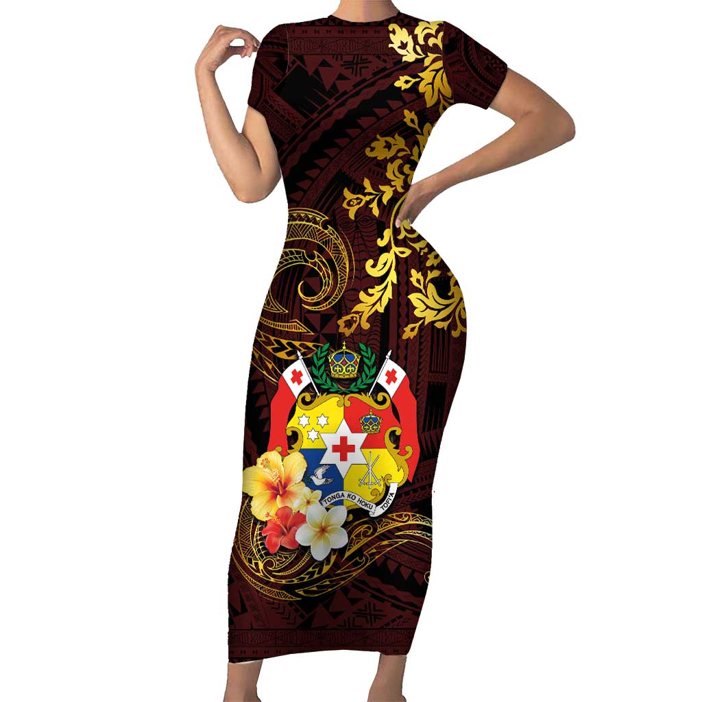 Tonga Ngatu and Hibiscus with Polynesian Tattoo Short Sleeve Bodycon Dress Gold and Oxblood Color